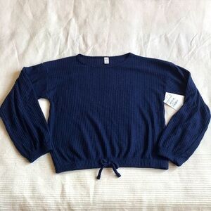 1901 Navy Waffle Print Tie Front Long Sleeve Top